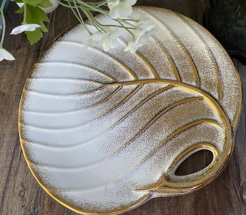 Mid Century Gold and White Ceramic Leaf Plate at Duckwells