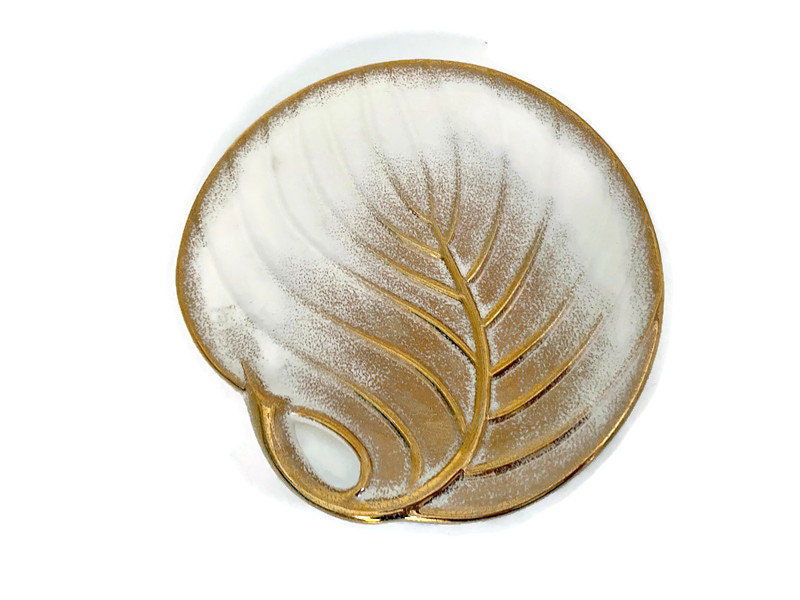 Mid Century Gold and White Ceramic Leaf Plate at Duckwells