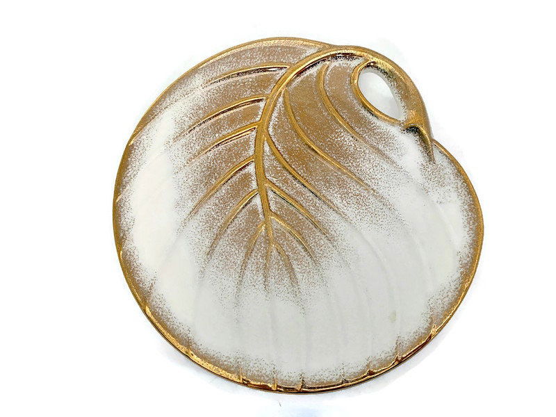 Mid Century Gold and White Ceramic Leaf Plate at Duckwells