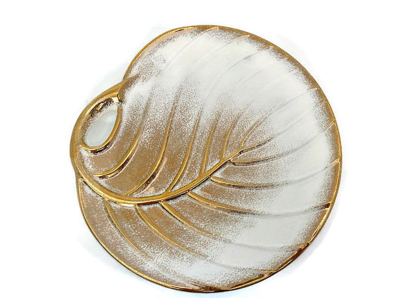 Mid Century Gold and White Ceramic Leaf Plate at Duckwells