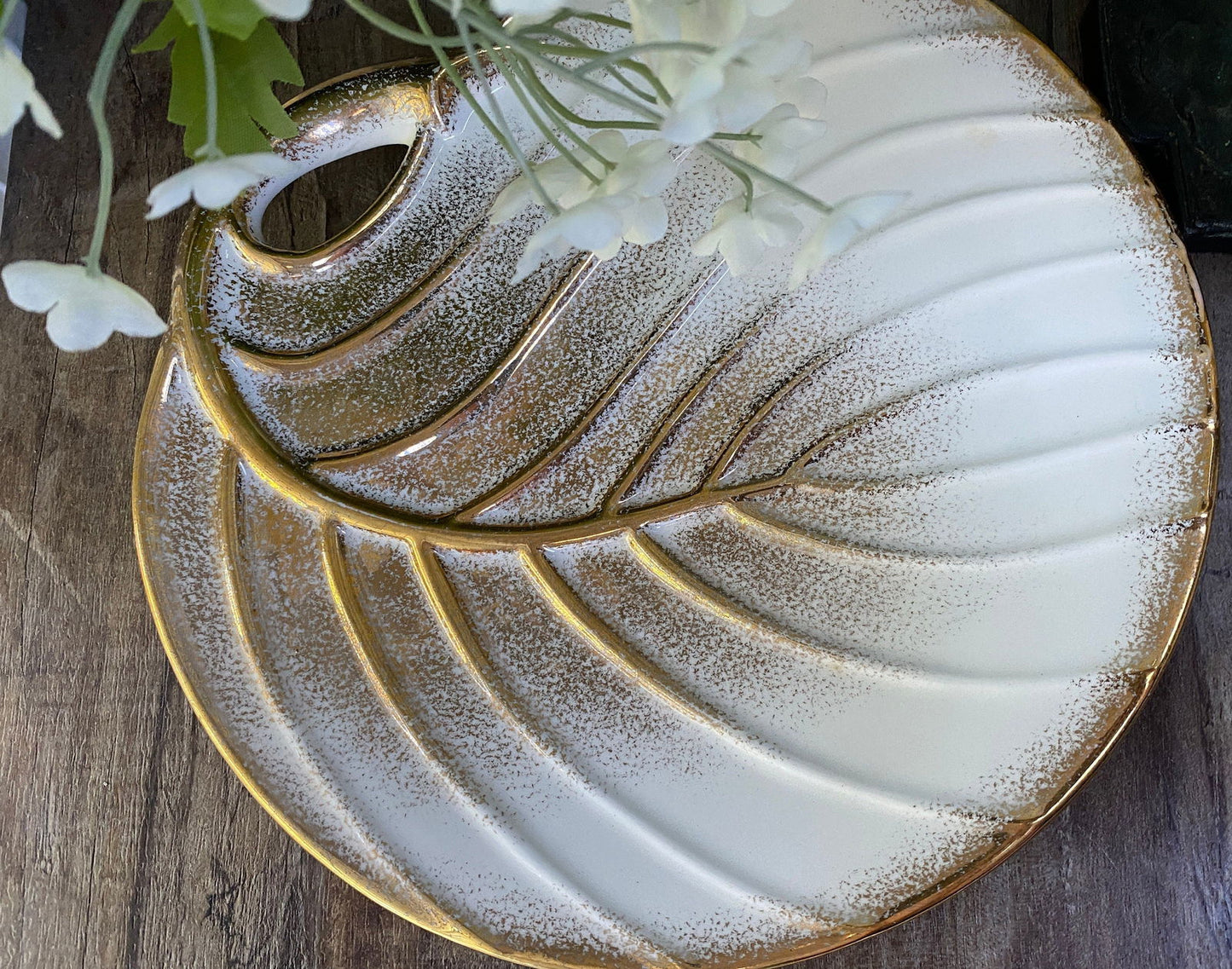 Mid Century Gold and White Ceramic Leaf Plate at Duckwells