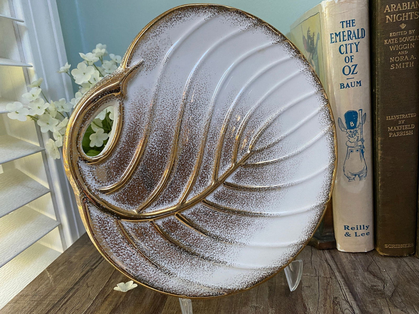 Mid Century Gold and White Ceramic Leaf Plate at Duckwells