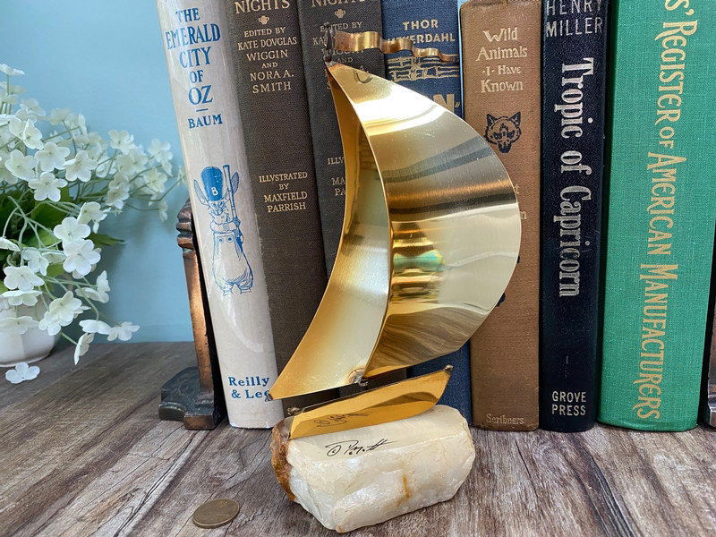 Mid Century Sailboat Brass and Stone Sculpture by DeMott at Duckwells