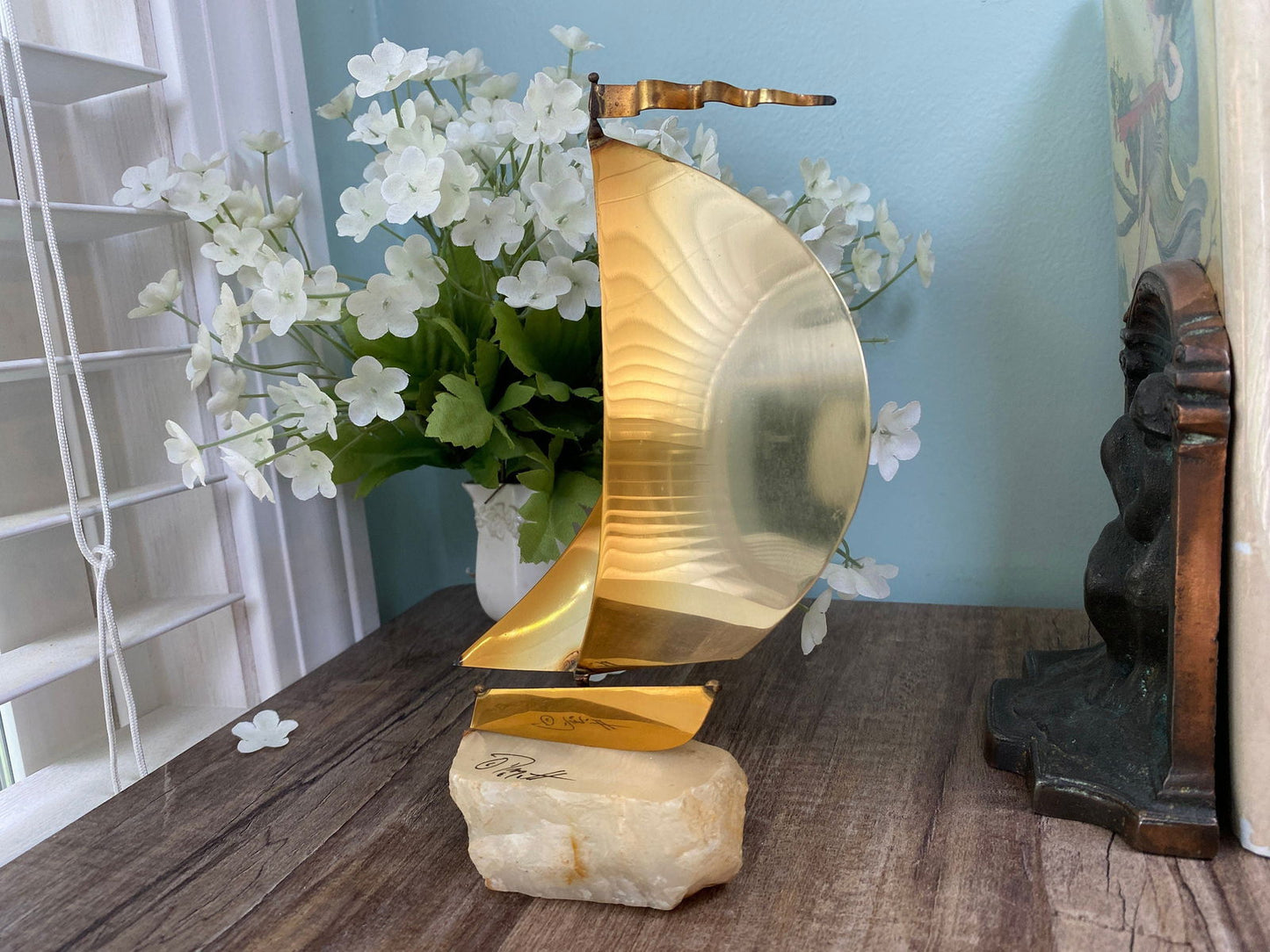 Mid Century Sailboat Brass and Stone Sculpture by DeMott at Duckwells