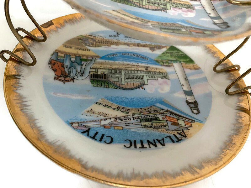Midcentury Atlantic City Souvenir Dishes with Metal Stand - Duckwells