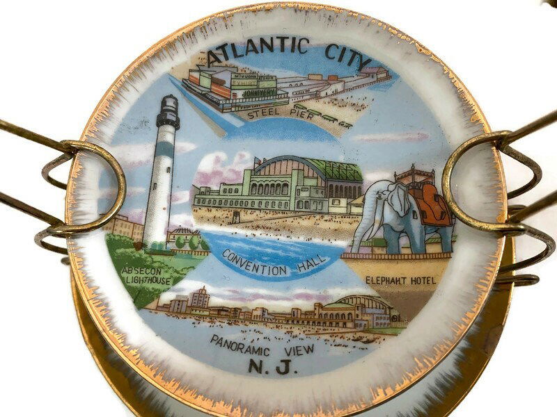 Midcentury Atlantic City Souvenir Dishes with Metal Stand - Duckwells