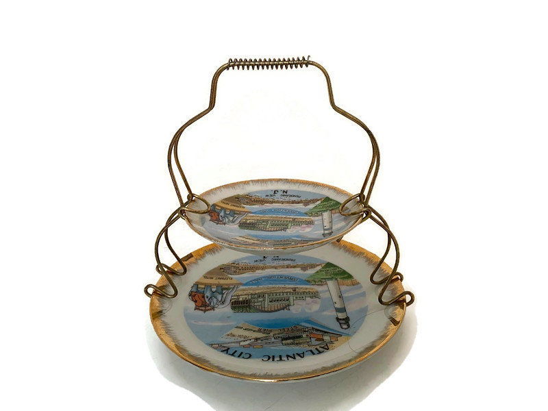 Midcentury Atlantic City Souvenir Dishes with Metal Stand - Duckwells