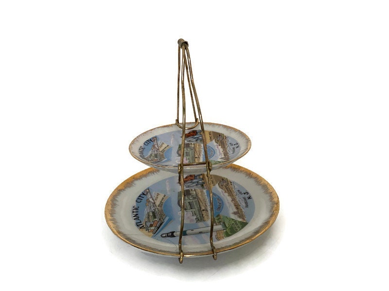 Midcentury Atlantic City Souvenir Dishes with Metal Stand - Duckwells