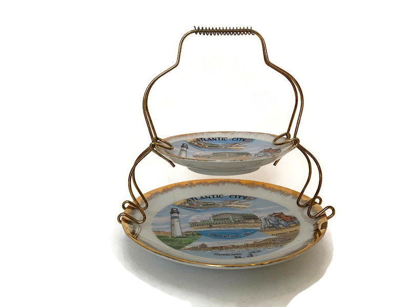 Midcentury Atlantic City Souvenir Dishes with Metal Stand - Duckwells