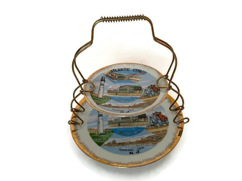 Midcentury Atlantic City Souvenir Dishes with Metal Stand - Duckwells