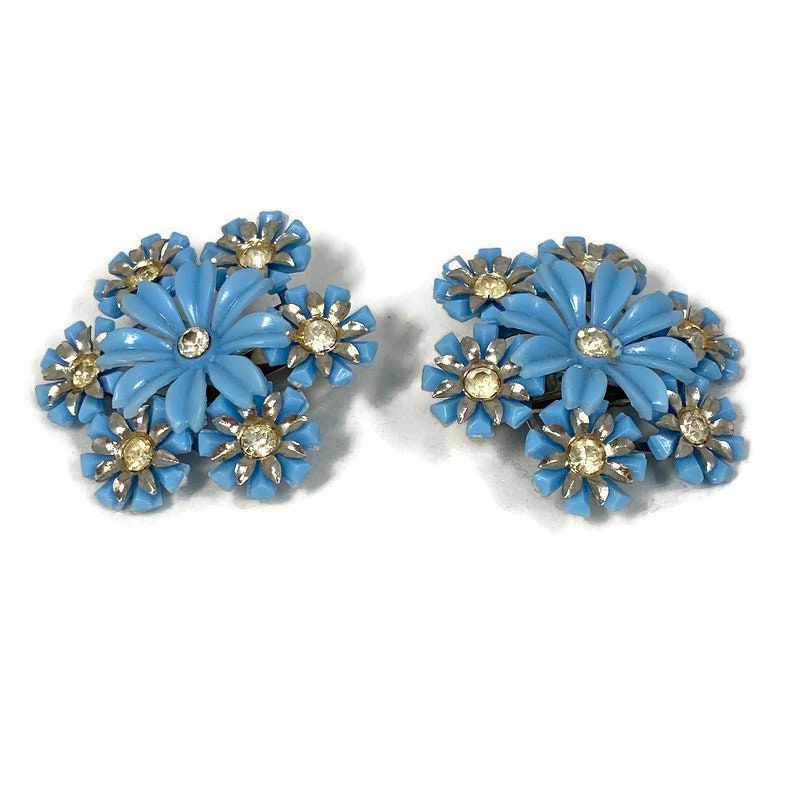 Midcentury Blue Flower Clip On Earrings at Duckwells