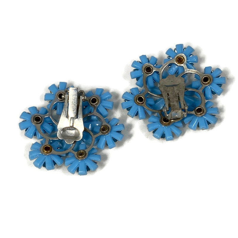 Midcentury Blue Flower Clip On Earrings at Duckwells