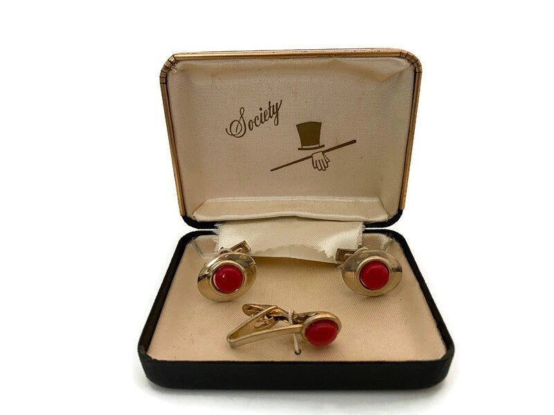 Midcentury Cuff Links and Tie Clip Jewelry Set - Duckwells