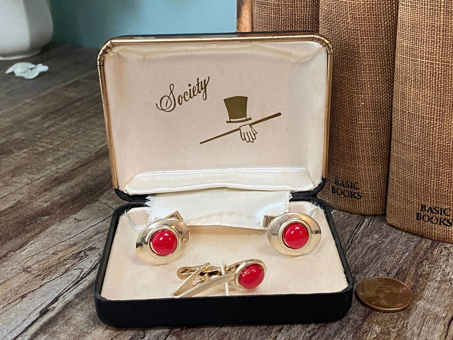 Midcentury Cuff Links and Tie Clip Jewelry Set - Duckwells