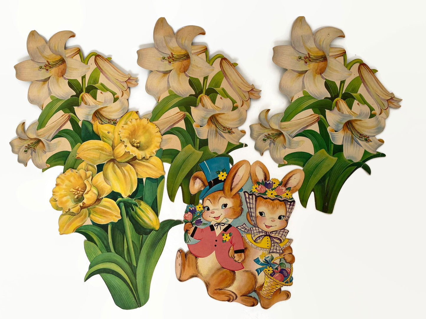 Midcentury Easter Cardboard Cut Outs Daffodils Bunnies and Lilies - Duckwells