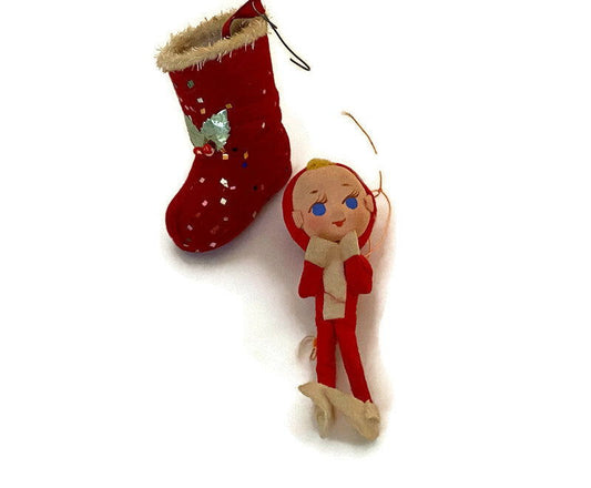Midcentury Elf and Boot Christmas Ornaments Made in Japan at Duckwells
