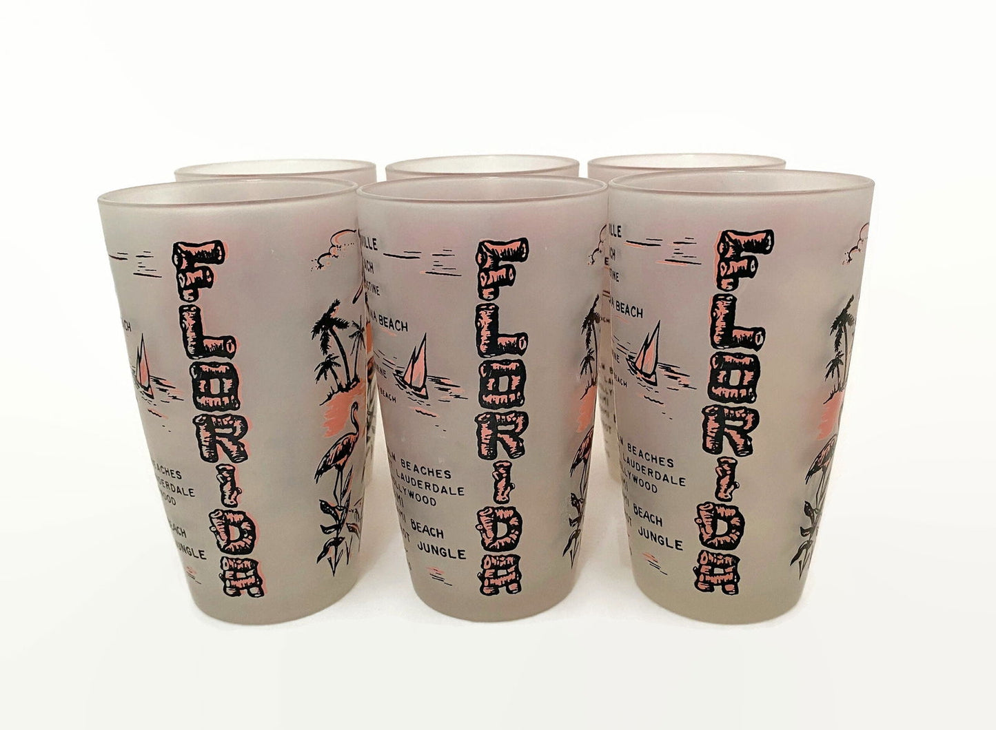 Midcentury Florida Souvenir Pink and Black Glassware at Duckwells