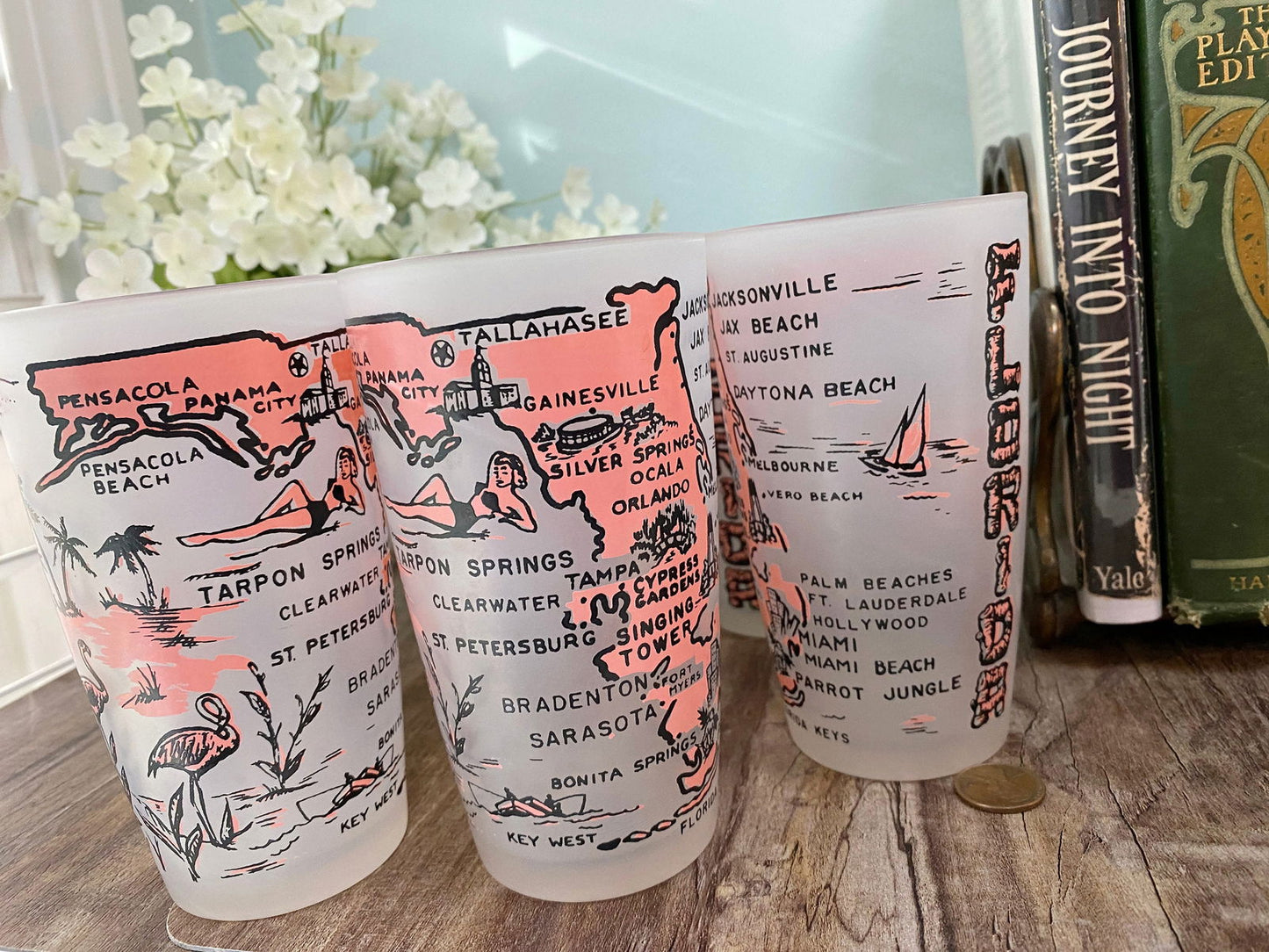 Midcentury Florida Souvenir Pink and Black Glassware at Duckwells