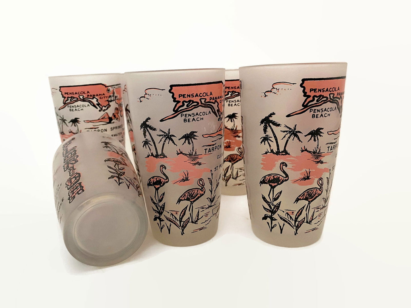 Midcentury Florida Souvenir Pink and Black Glassware at Duckwells