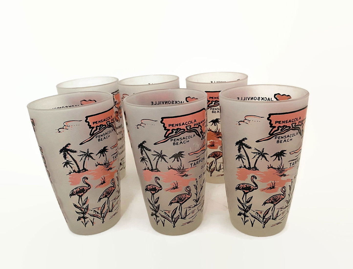 Midcentury Florida Souvenir Pink and Black Glassware at Duckwells