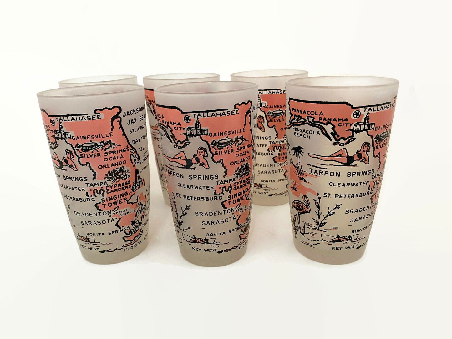 Midcentury Florida Souvenir Pink and Black Glassware at Duckwells