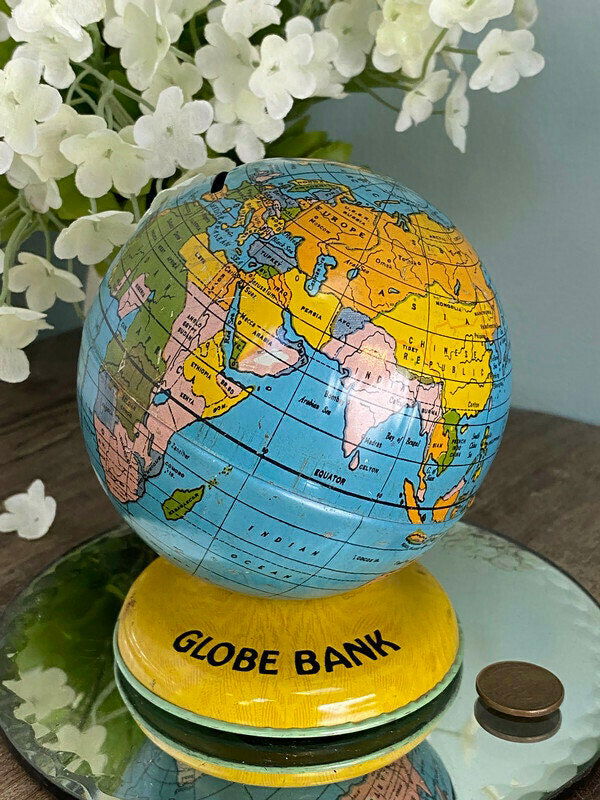 Midcentury Globe Bank Tin Litho by J. Chein - Duckwells