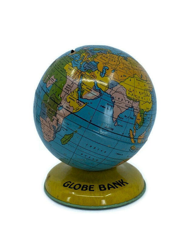 Midcentury Globe Bank Tin Litho by J. Chein - Duckwells