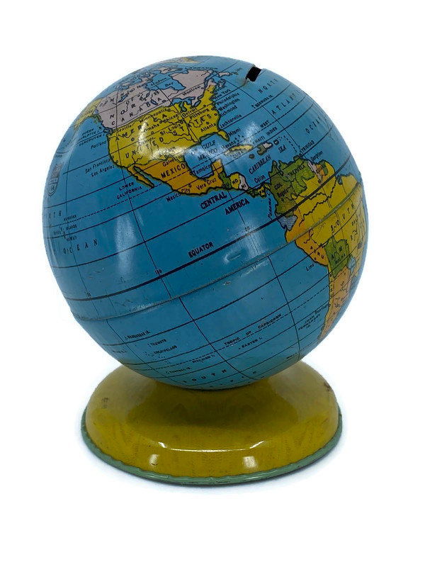 Midcentury Globe Bank Tin Litho by J. Chein - Duckwells