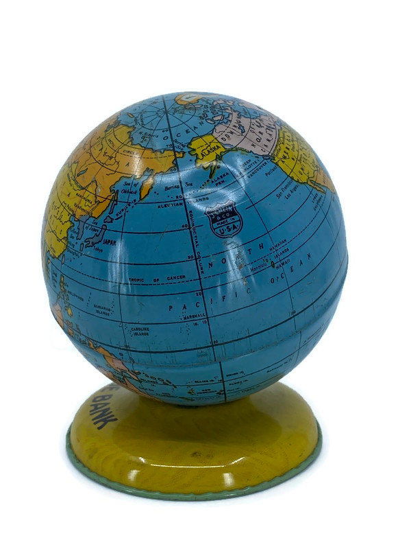 Midcentury Globe Bank Tin Litho by J. Chein - Duckwells