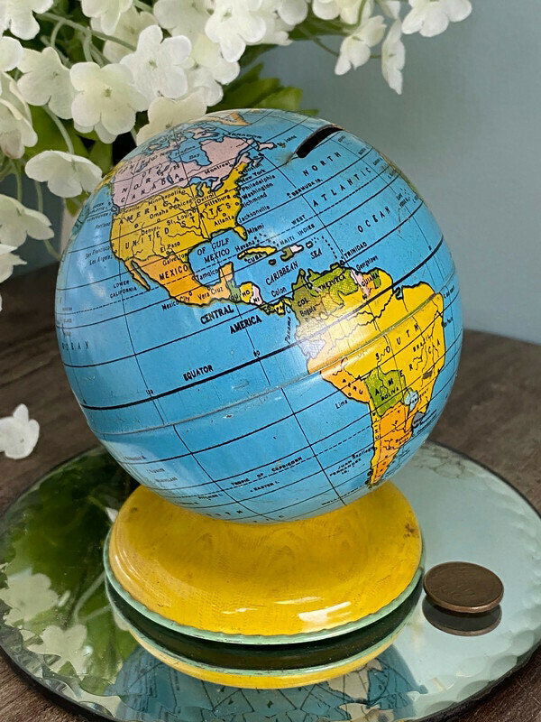 Midcentury Globe Bank Tin Litho by J. Chein - Duckwells