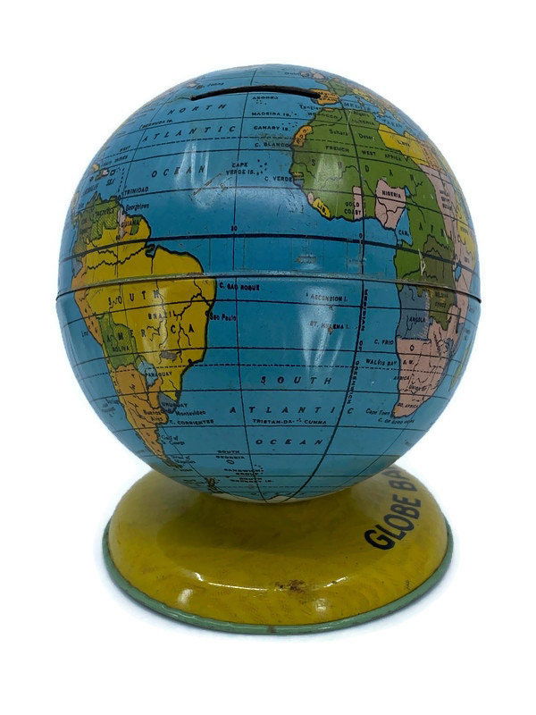 Midcentury Globe Bank Tin Litho by J. Chein - Duckwells
