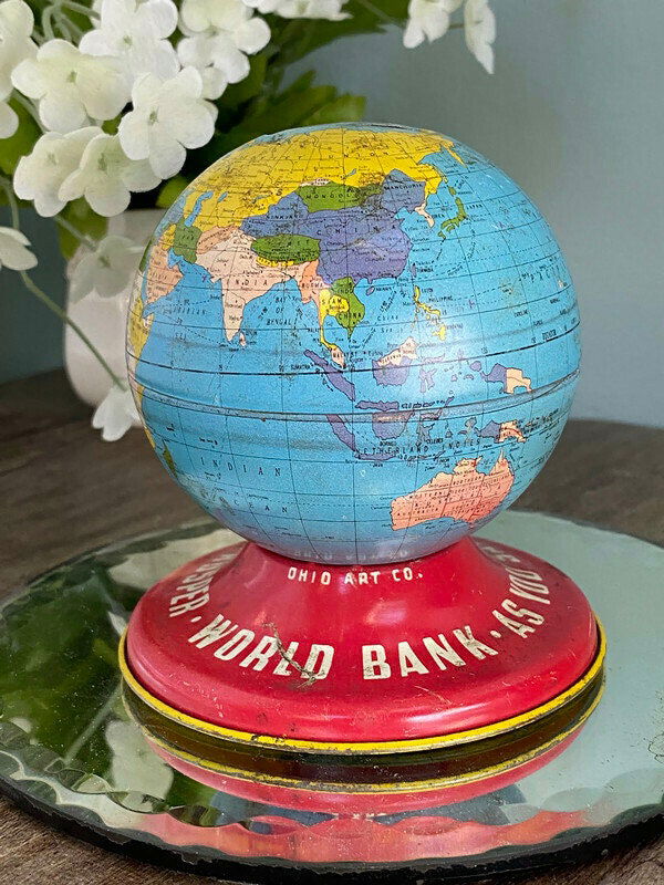 Midcentury Globe Bank Tin Litho by Ohio Art - Duckwells
