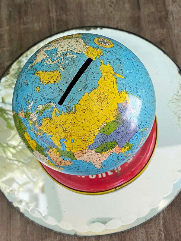 Midcentury Globe Bank Tin Litho by Ohio Art - Duckwells