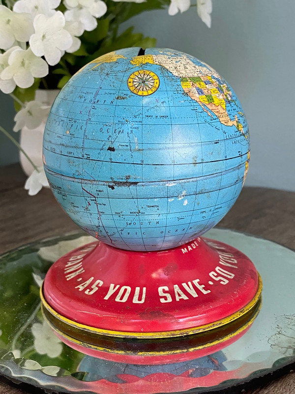 Midcentury Globe Bank Tin Litho by Ohio Art - Duckwells