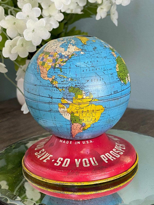 Midcentury Globe Bank Tin Litho by Ohio Art - Duckwells