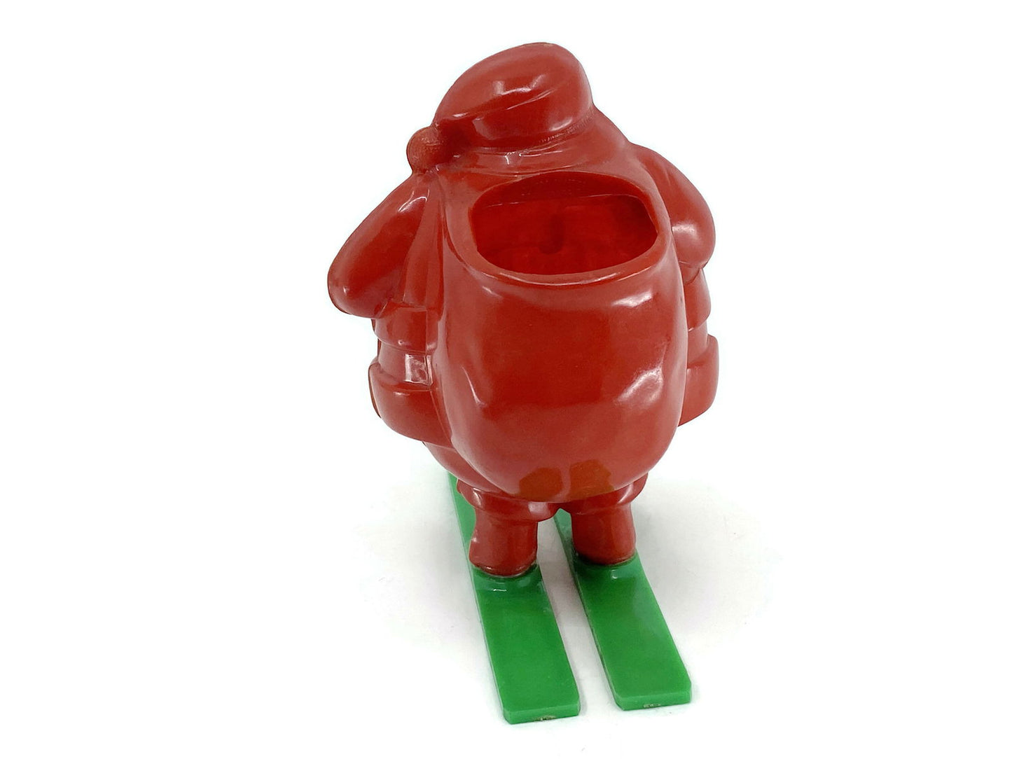 Midcentury Santa Claus on Skies Plastic Candy Container - Duckwells