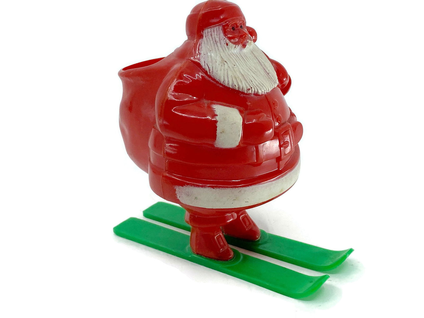 Midcentury Santa Claus on Skies Plastic Candy Container - Duckwells