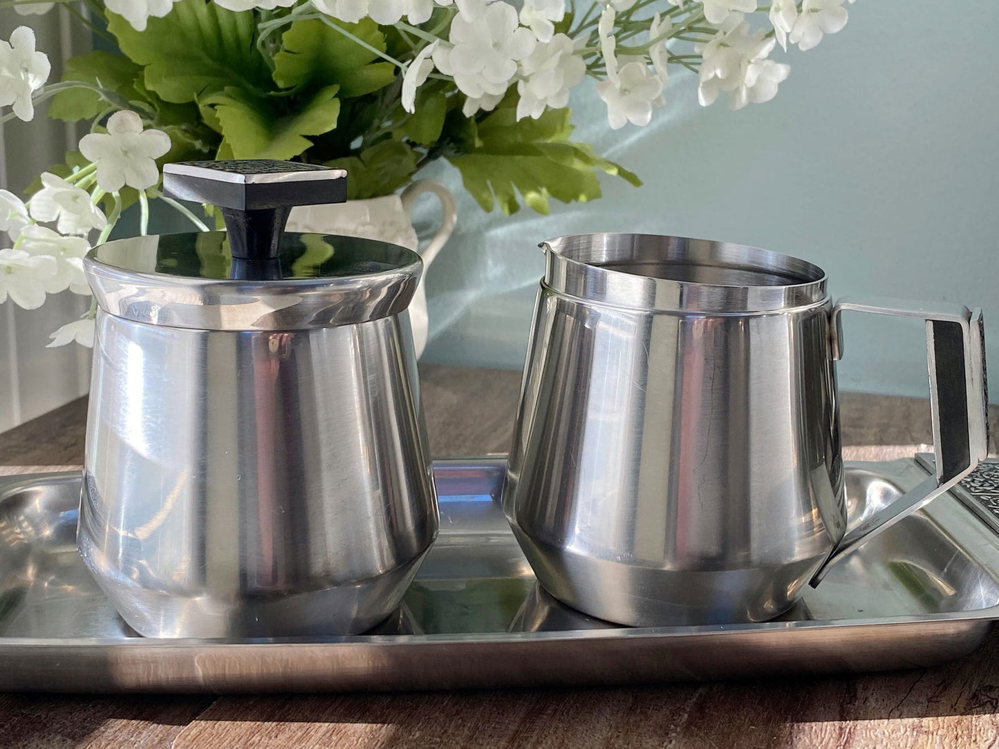 Midcentury Stainless Sugar and Creamer Set by Stanley Roberts - Duckwells