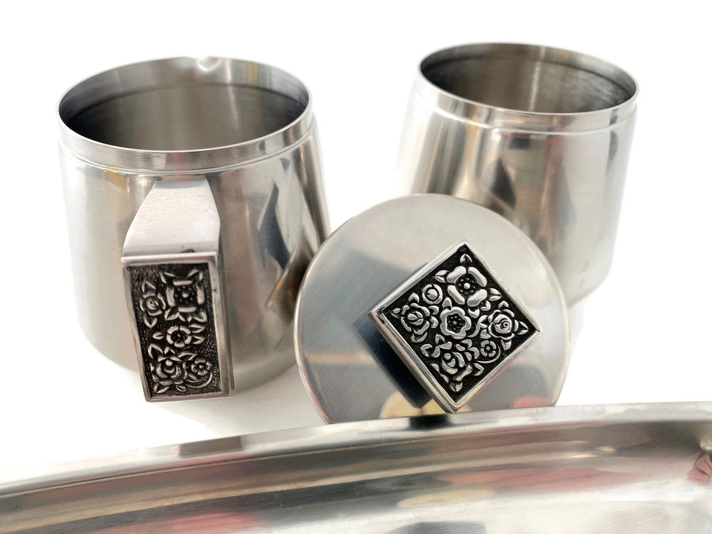 Midcentury Stainless Sugar and Creamer Set by Stanley Roberts - Duckwells
