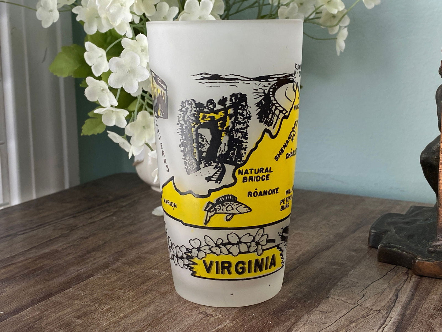 Midcentury Virginia Souvenir Glass with State Map at Duckwells