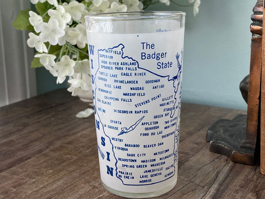 Midcentury Wisconsin Souvenir Glass with State Map at Duckwells