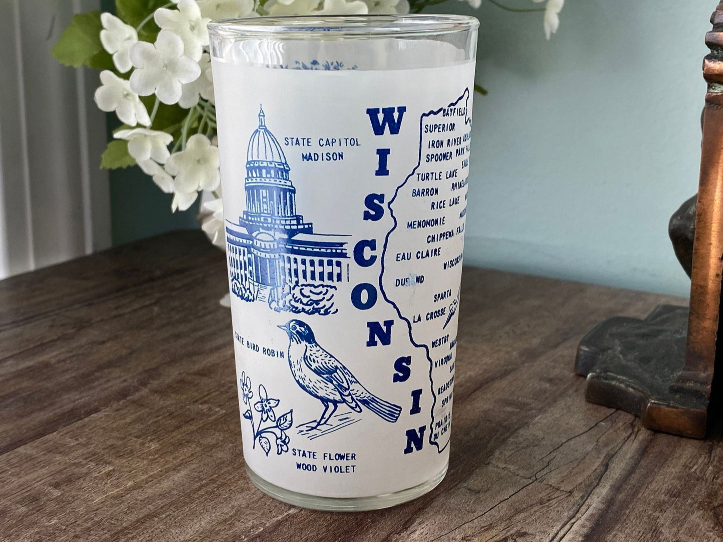 Midcentury Wisconsin Souvenir Glass with State Map at Duckwells