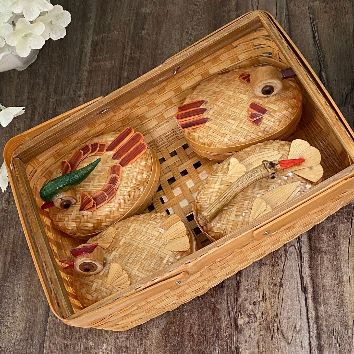 Vintage Basket of Birds by Kiangsi Handicrafts - Duckwells