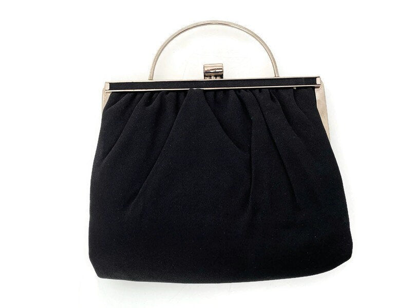 Vintage Black Purse - Silver Hinged Frame and Folding Handle at Duckwells