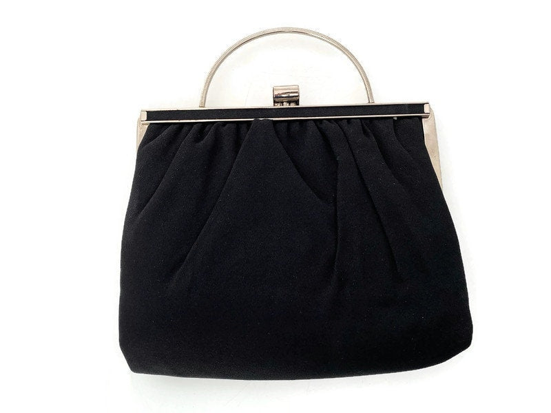Vintage Black Purse - Silver Hinged Frame and Folding Handle at Duckwells