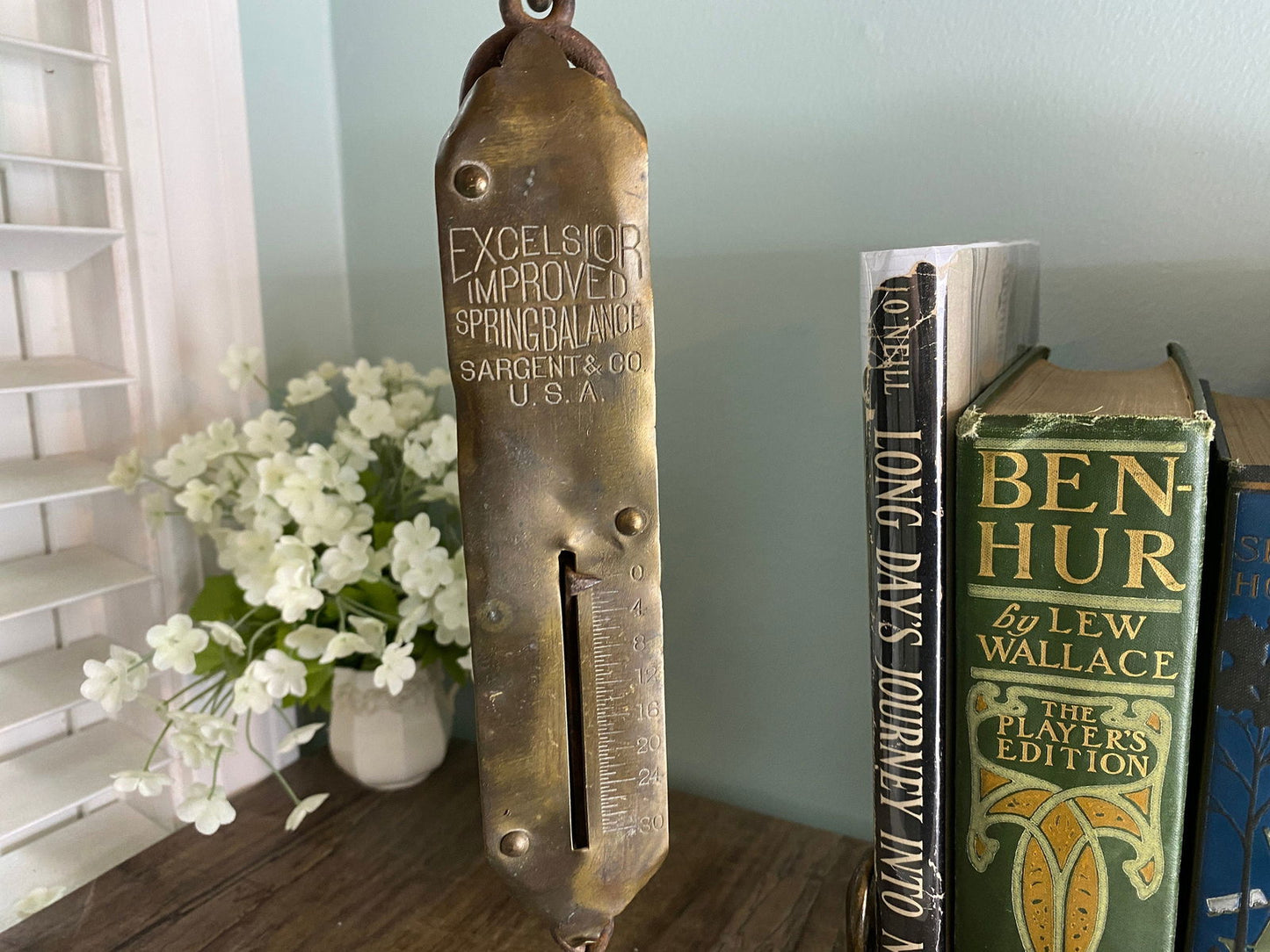 Vintage Brass Spring Balance Hanging Hook Scale - Duckwells