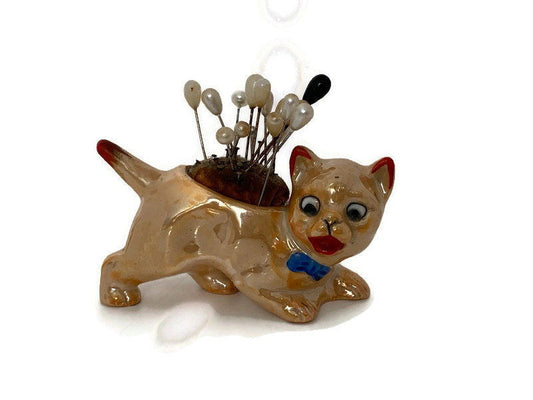 Vintage Ceramic Lusterware Cat Pincushion at Duckwells