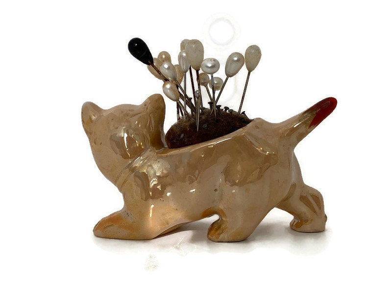 Vintage Ceramic Lusterware Cat Pincushion at Duckwells