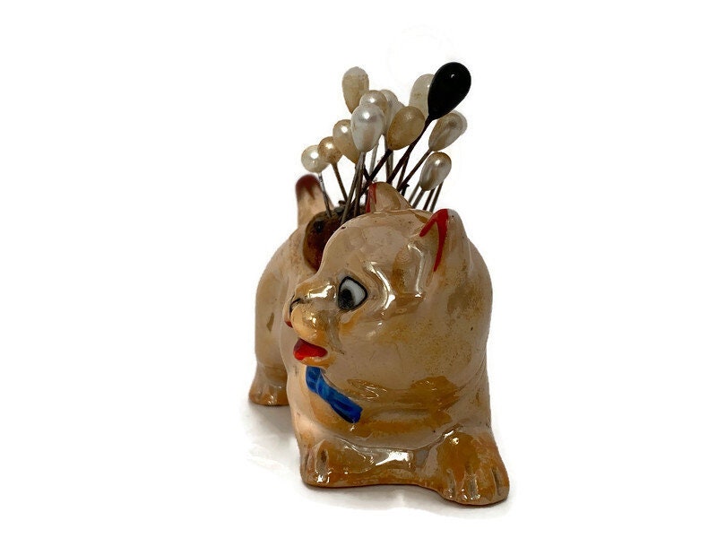 Vintage Ceramic Lusterware Cat Pincushion at Duckwells
