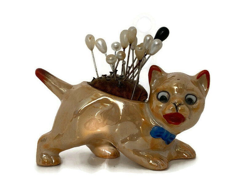 Vintage Ceramic Lusterware Cat Pincushion at Duckwells